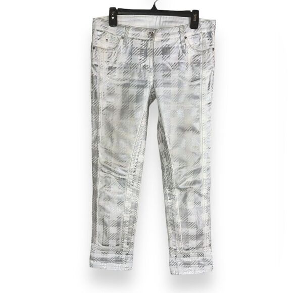 Roberto Cavalli Metallic Houndstooth Coated Denim in Silver & Cream EU42 / US6 - Picture 1 of 7